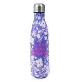 Water bottle with a purple background and flowers in the foreground and in the center it says "Count Your Blessings."