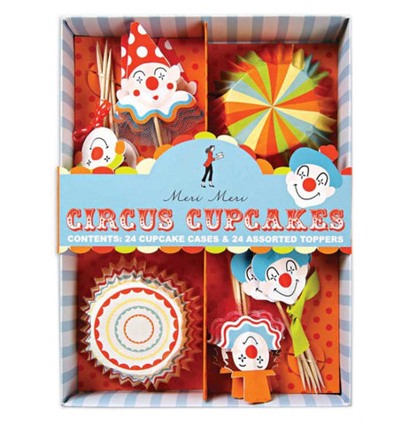 Set of 24 cupcake liners and 24 toppers are circus themed