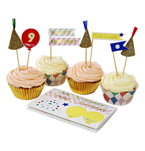 Cupcake kit has hats and the number 9 with little flags.