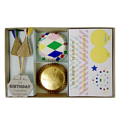 Cupcake kit with gold and muti-colored cupcake cups.