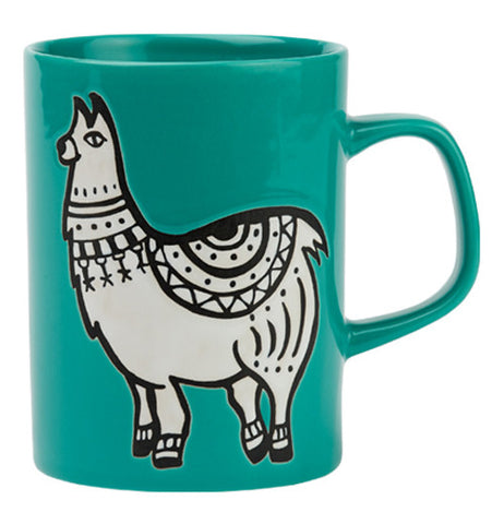 This turquoise ceramic mug has a picture of a white llama.