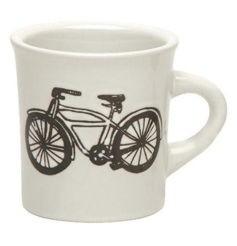 a white mug that has a black outline of a bike on the side