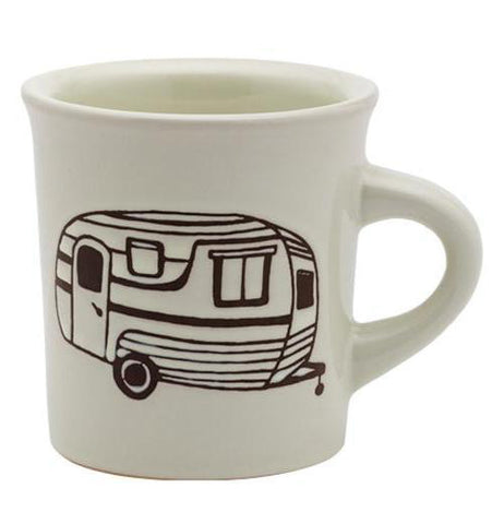 This is a diner inspired ceramic mug featuring a travel trailer design.