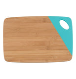  Wooden rectangular cutting board with a turquoise dipped edge on the upper right side where a hole thats used as a handle is.