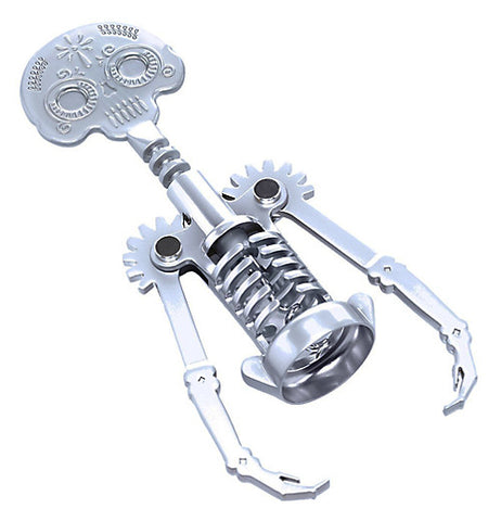 This steel gray corkscrew is shaped like the top half of a human skeleton, from the skull down to the arms, hands, and ribcage.