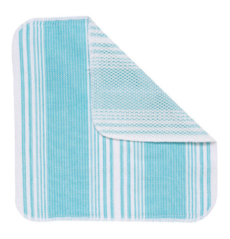 The blue and white striped dishcloth with a corner folded over to show the back