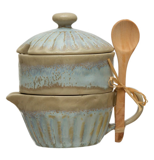 Creamer &amp; Sugar With Wood Spoon