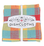 A blue, red, and, yellow dishcloth.