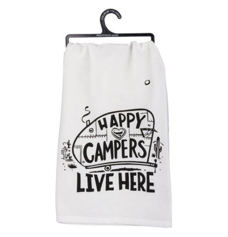 White tea towel with a camper shell and the words "happy campers live here" on the side of it. The background is white.
