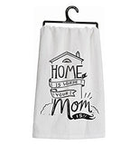 A home setting with the words "home is where your mom is" in black with a white background.