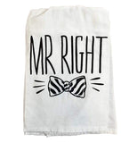 White towel that contains the text "Mr. Right" and a bow in black in a white background