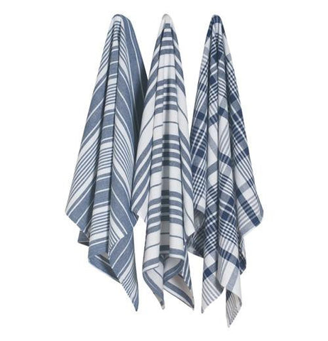Picture of three jumbo dish towels that are blue, grey, and white coloring in either a checkered or striped pattern.