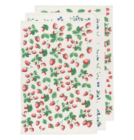 These berry Patch Dish towels have pictures of different berries on them.