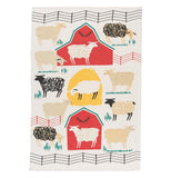Dish Towel with 2 red barns, a yellow hay stack, sheep, and cows.