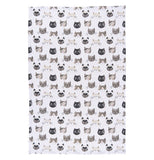 Cute kitty towel with a white background and black, white and grey cat faces.