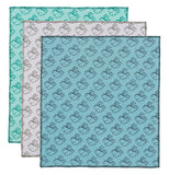 A set of three dusting cloths with a rabbit print pattern in, blue, teal, and gray.
