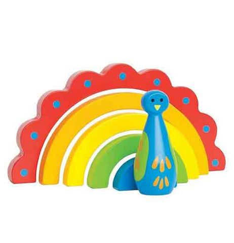 A rainbow peacock toy is facing the right corner. It's red, orange, green, and blue.