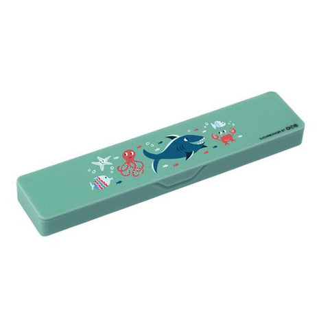 Sea green colored pencil case with fish, octopus, starfish, crab and shark features ocean design.