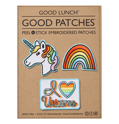 A Unicorn, Rainbow, and I Love Unicorns Patch on a brown cardboard package.