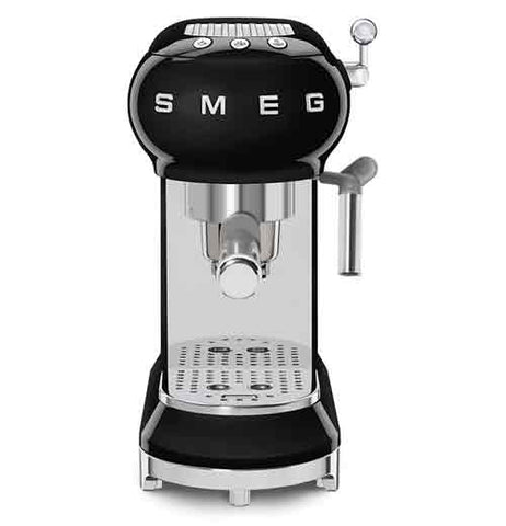 Expresso machine that is black with white lettering that says the word SMEG on it.