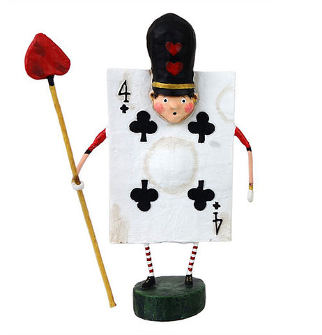 This whimsical four of clubs card figurine is ready for battle with a spear that has a head shaped like a heart. He has a black hat with two little red hearts on it.