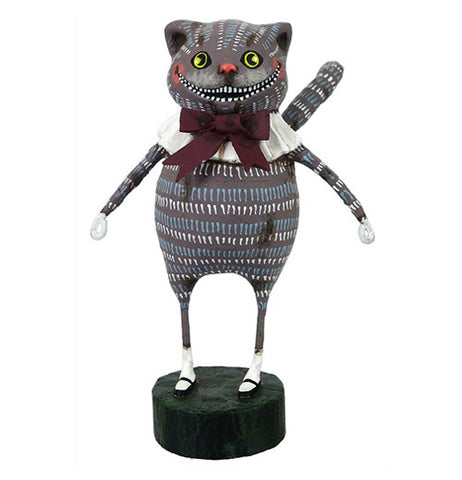 This cheshire cat figurine is black with blue and white marks on his body. He has white gloves, socks, a collar, and a burgundy bowtie.