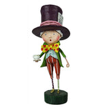 This Mad Hatter figurine is wearing red pants with white stripes, a blue vest with a green coat, a yellow and red bowtie with red dots and an oversized top hat. .