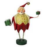 This Santa Clause figurine dressed in red and yellow holds two green colored presents in both hands. The right one is small and the left one is larger.