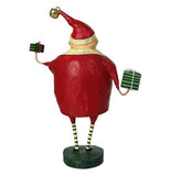 The Santa Clause figurine with the different size presents is shown from the rear.