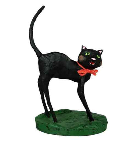 This figurine is of a black cat with a red bow tie around its neck.