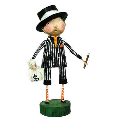 This small figurine is of a 1930s' style gangster with black and white pinstriped suit and a black hat with a white band holding a bag of money and a cigar.