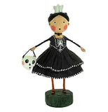 This figurine is of a girl dressed in a black dress with some bones drawn on it to make it look like a skeleton topped with a crown. Her trick or treating bag is shaped like a human skull.