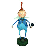 This figurine is of a munchkin with a swirly hairstyle, dressed in light blue pants and socks, and a darker blue frock coat with white stripes. He also wears a light blue bow tie with white spots. He holds a black top hat in one of his hands.