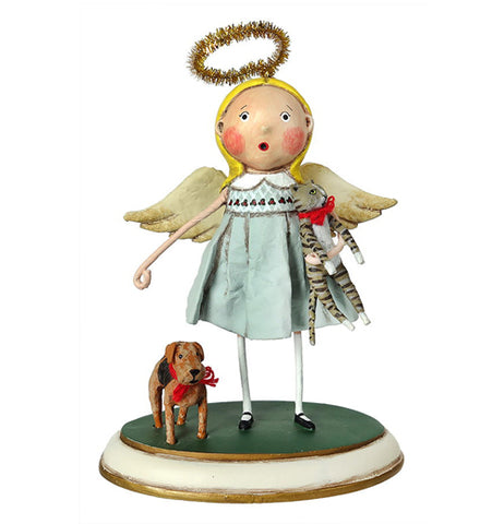 This figurine is of an angel dressed in a turquoise robe with a golden halo on her head. A small brown and black dog stands next to her and she carries a striped tabby cat in one of her hands.