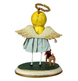 The angel figurine with the dog standing next to her is shown from a rear angle.