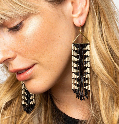 Emilie Arrow Beaded Fringe Black Earrings