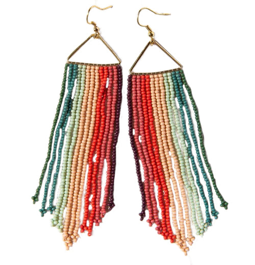 Earrings, Dangle, Triangle "Pink Port Mint Teal Stripe Fringe"