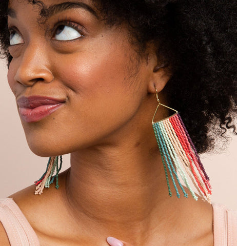 Earrings, Dangle, Triangle "Pink Port Mint Teal Stripe Fringe"