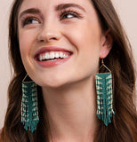 Earrings, Dangle, Triangle "Teal and Mint Arrow Fringe"