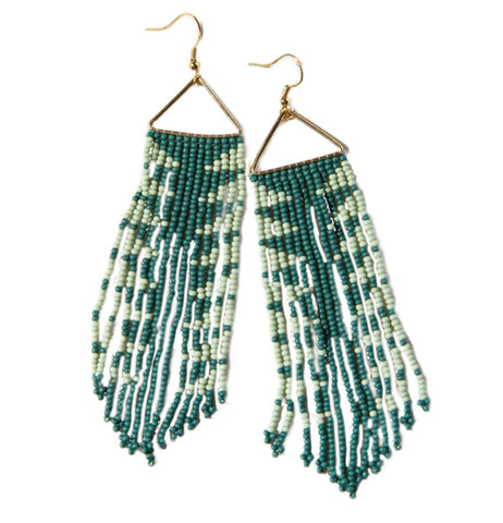 Earrings, Dangle, Triangle "Teal and Mint Arrow Fringe"