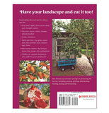 Reverse side of a garden book titled "Eat your yard", showing a picture of a wagon next to a tree in a garden. Another photograph has some small tomatoes and another has a picture of crabapples.