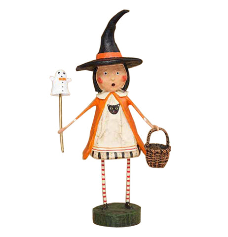This young witch figurine holds a ghost wand while carrying a wicker basket.