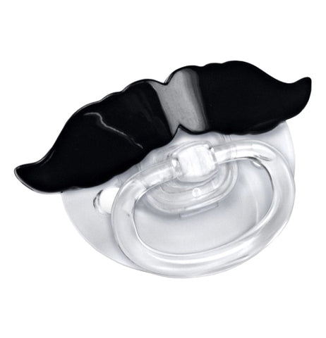 The close-up of a Chill Baby Pacifier with a black mustache. 