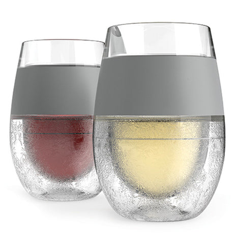 Freeze cooling wine glass clear with a grey piece to grip the glass.