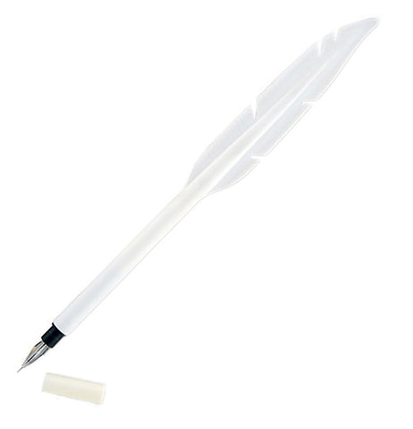 A white, plastic feathered pen is uncapped and at an angle. The cap is to the right of the pen tip.