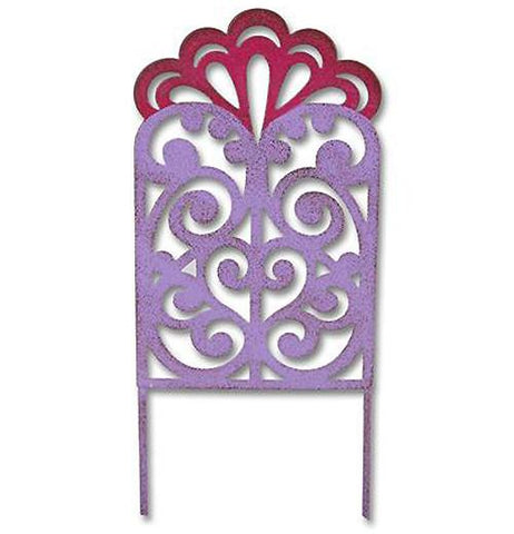 This mini gypsy garden filigree gate is purple and red with swirl designs.