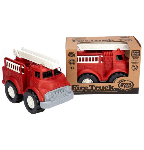 Red and grey fire Truck with black and white tires and white ladders made from recycled materials