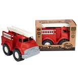 Red and grey fire Truck with black and white tires and white ladders made from recycled materials
