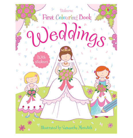 A white book featuring a woman in a bridal gown with two flower girls all three of them holding bouquets