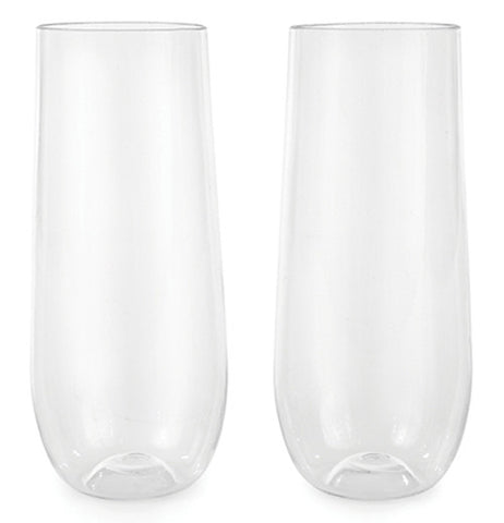 Two stemless champagne flute glasses.